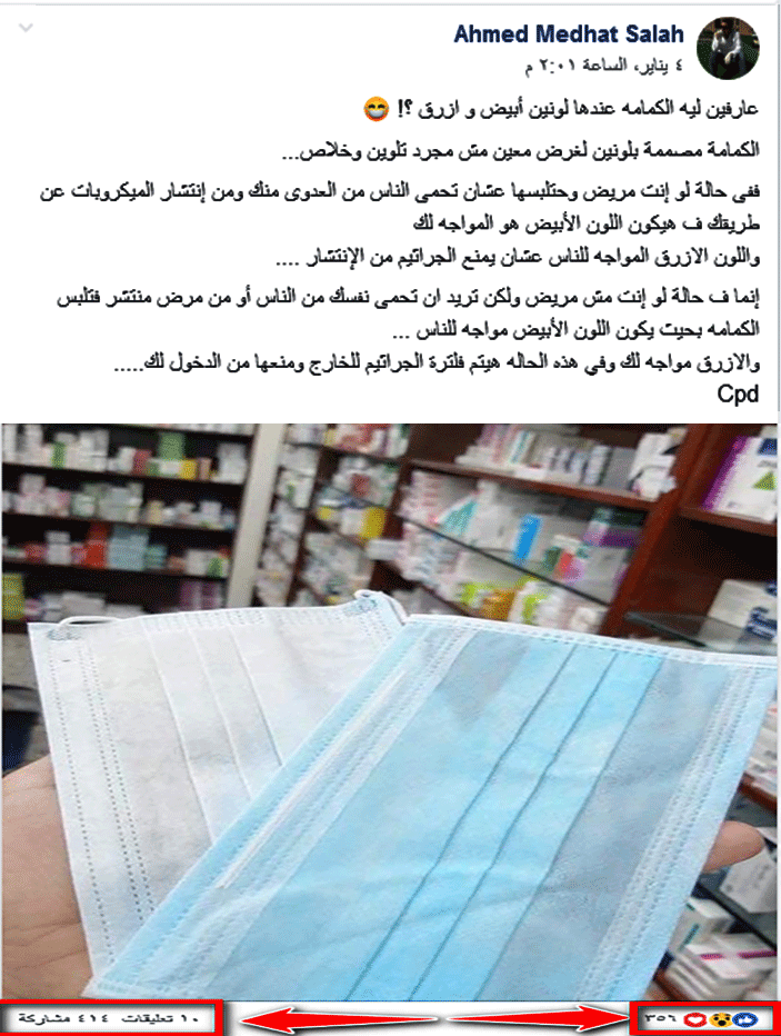 نص الخبر الزائف أن الكمامة الطبية لكل وجه له وظيفة مختلفة والحقيقة أنه هناك طريقة واحدة صحيحة لارتداء الكمامة الطبية