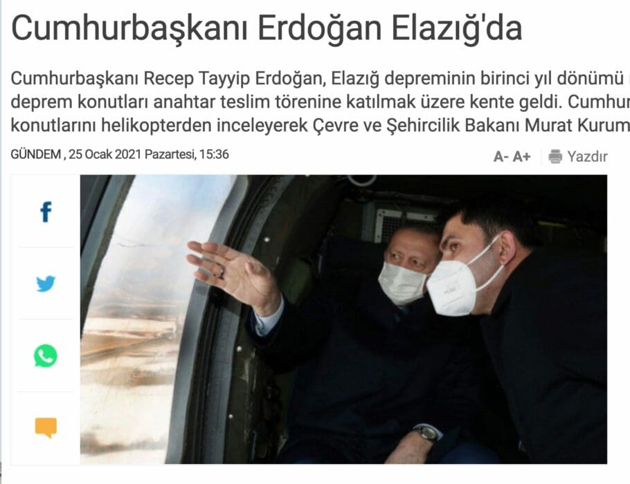 الرئيس التركي يتفحص منازل المتضررين من الزلزال الذي ضرب إلازيغ