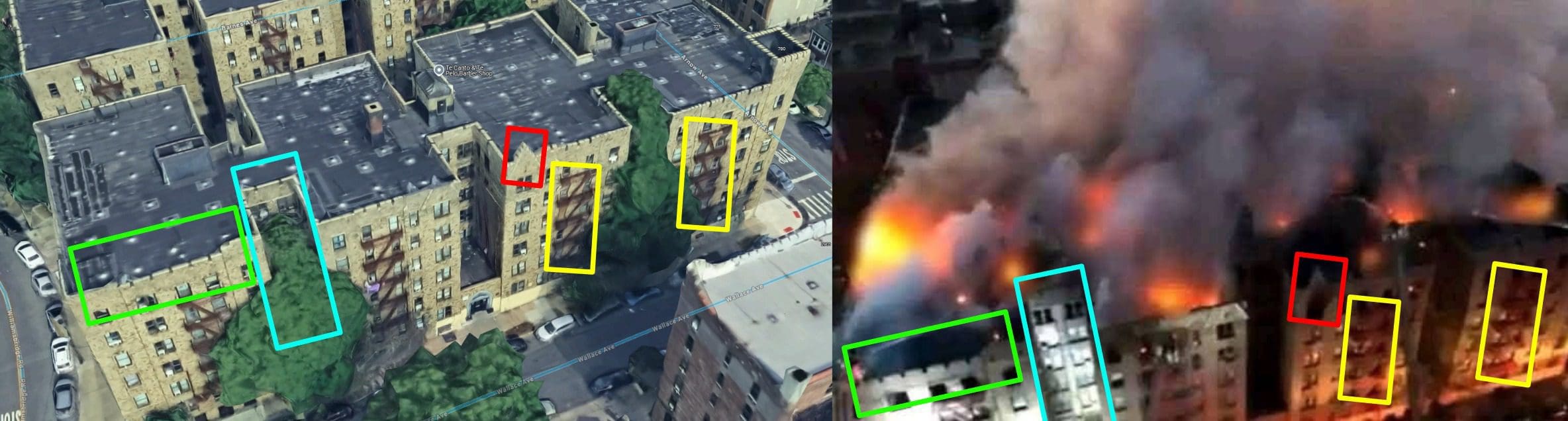 مطابقة صورة الادعاء (يمين)، مع صورة من خرائط جوجل (يسار) - حريق في نيويورك
